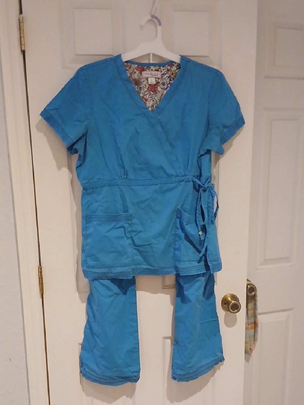 Unbranded Blue Wrap Scrub Top and Pants Set